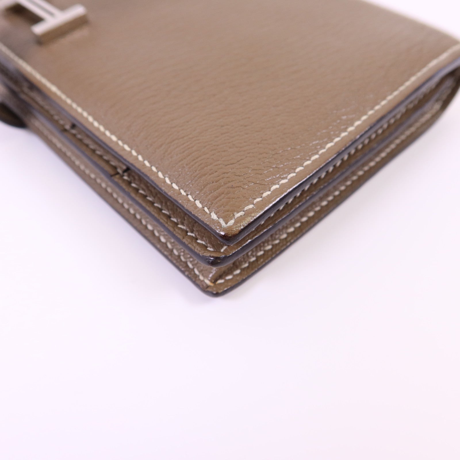 HERMES Chevre皮革Bearn W Snap銀扣長錢包Etoupe