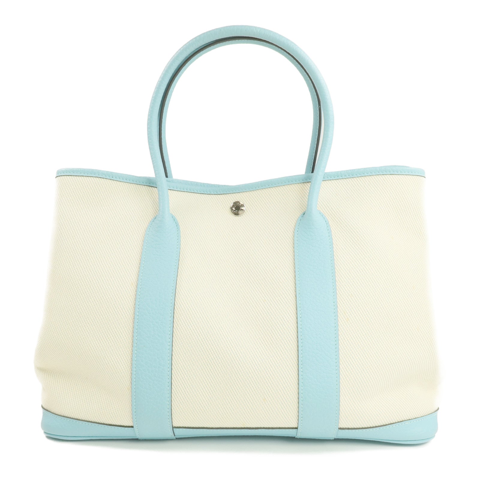 HERMES Negonda皮革/帆布Garden Party PM銀扣手挽袋Bleu Atoll