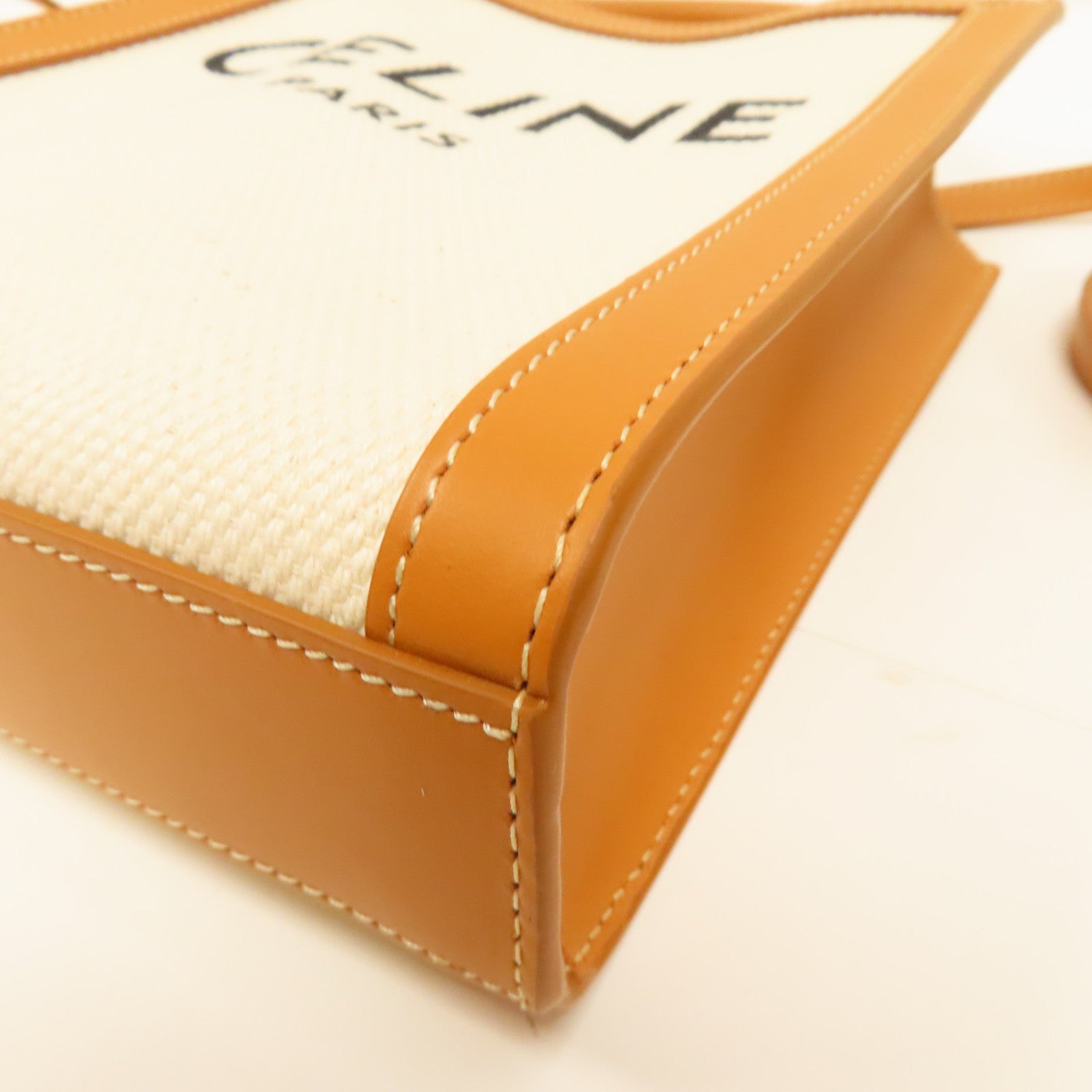 CELINE 帆布/皮革Cabas金扣手挽肩背兩用袋白色/啡色
