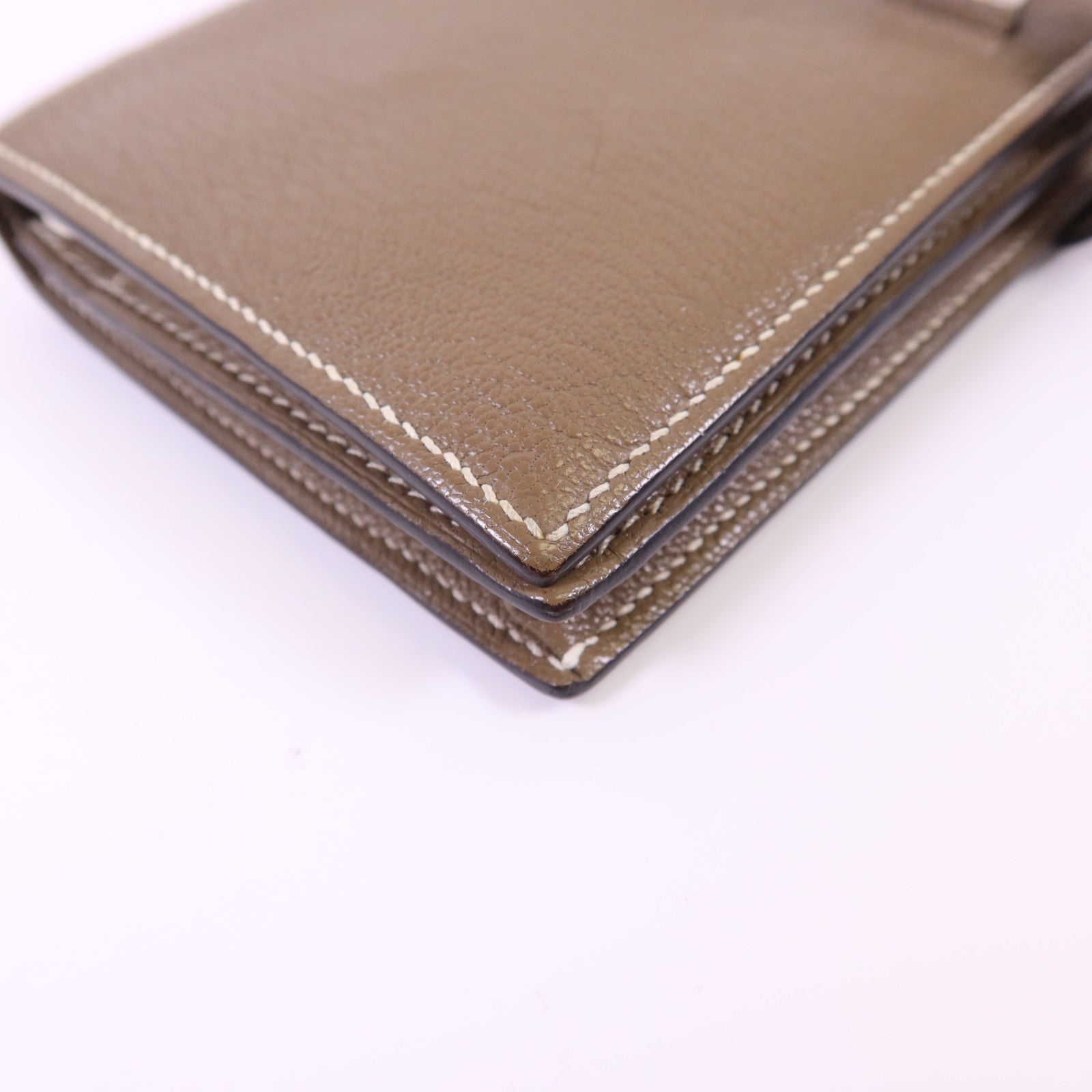 HERMES Chevre皮革Bearn W Snap銀扣長錢包Etoupe