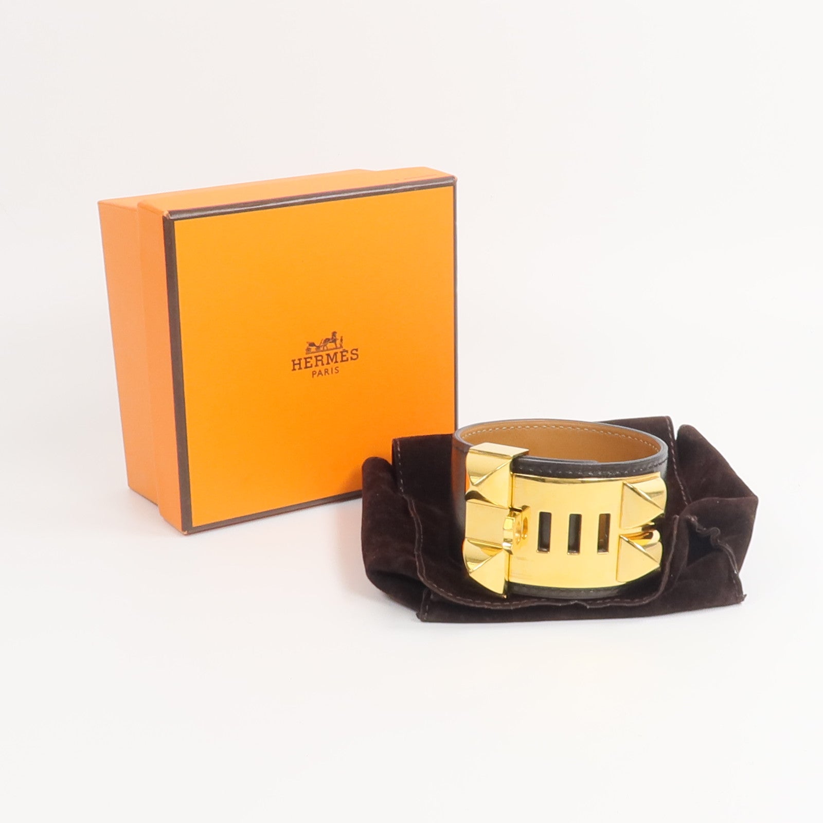HERMES Box Calf皮革Collier de Chien手鐲Noir