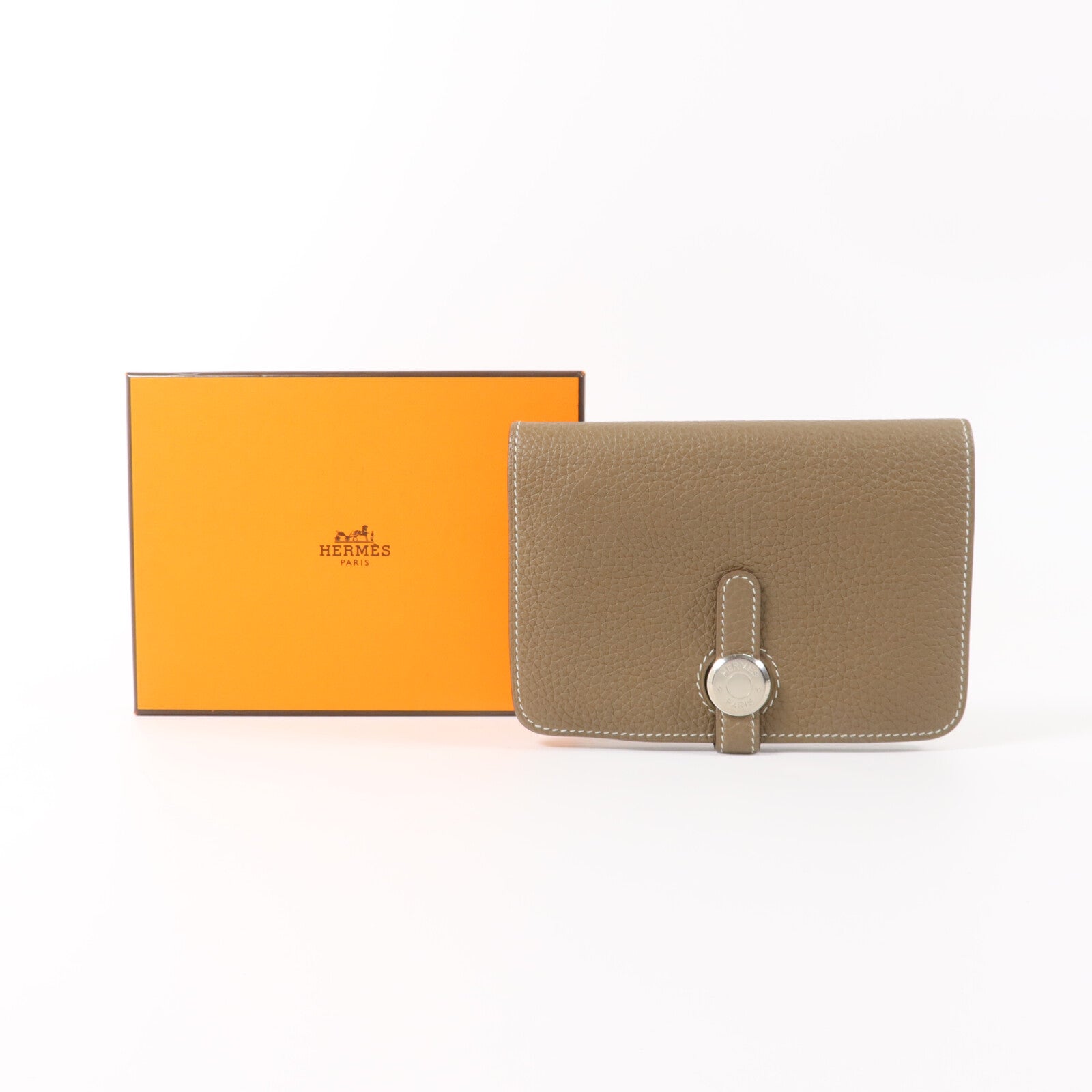 HERMES Togo皮革Dogon Compact Wallet銀扣錢包Etoupe