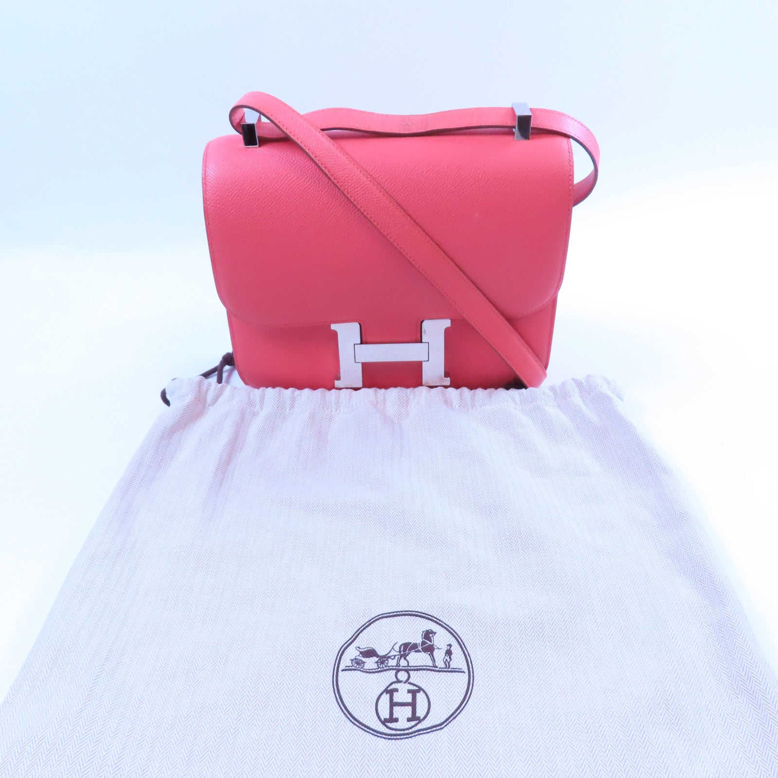 HERMES Epsom leather Constance 24 silver shoulder bag Flamingo/fire crane po...