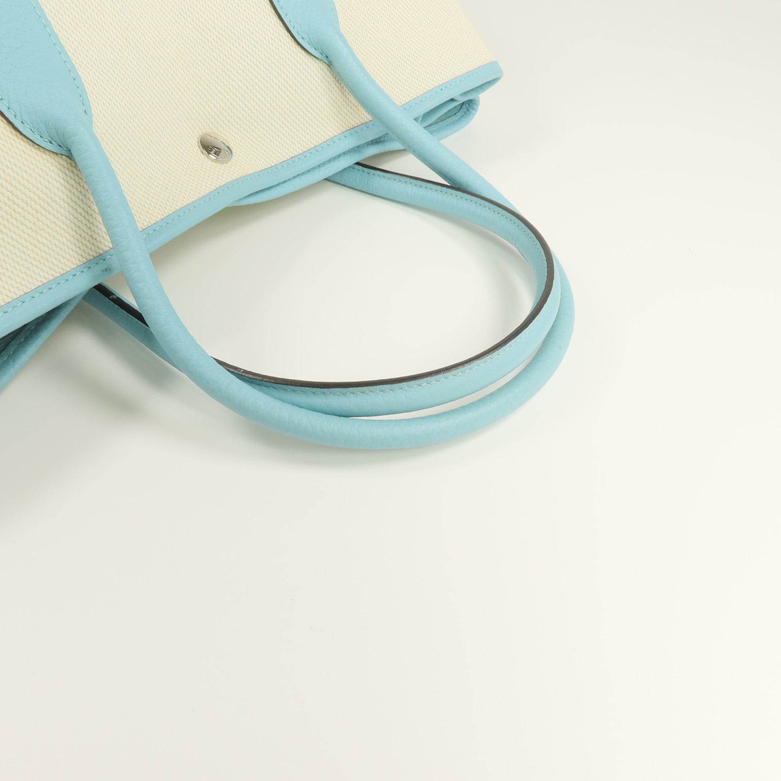 HERMES Negonda皮革/帆布Garden Party PM銀扣手挽袋Bleu Atoll