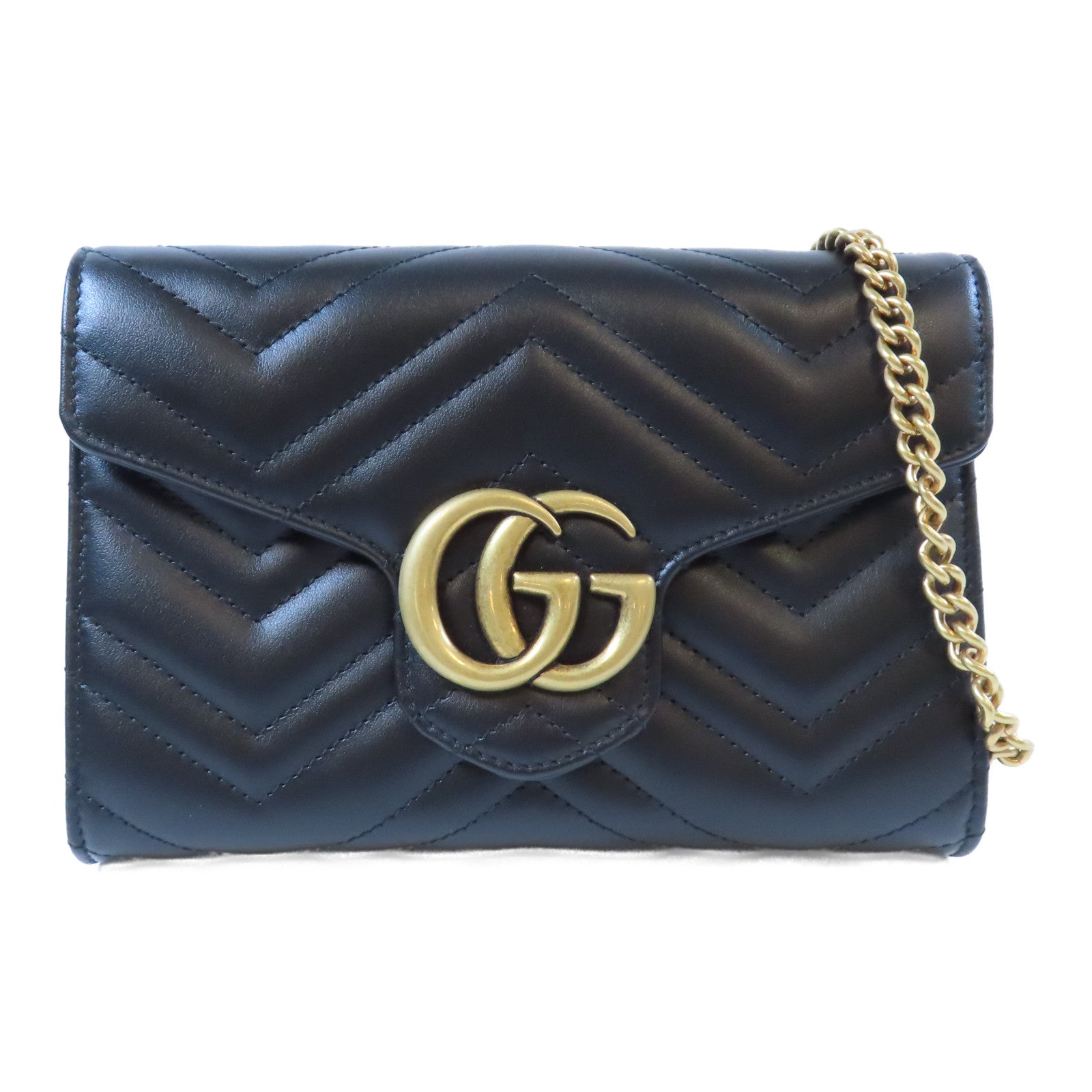 GUCCI 牛皮皮革GG Marmont Mini金扣鏈帶肩背袋黑色