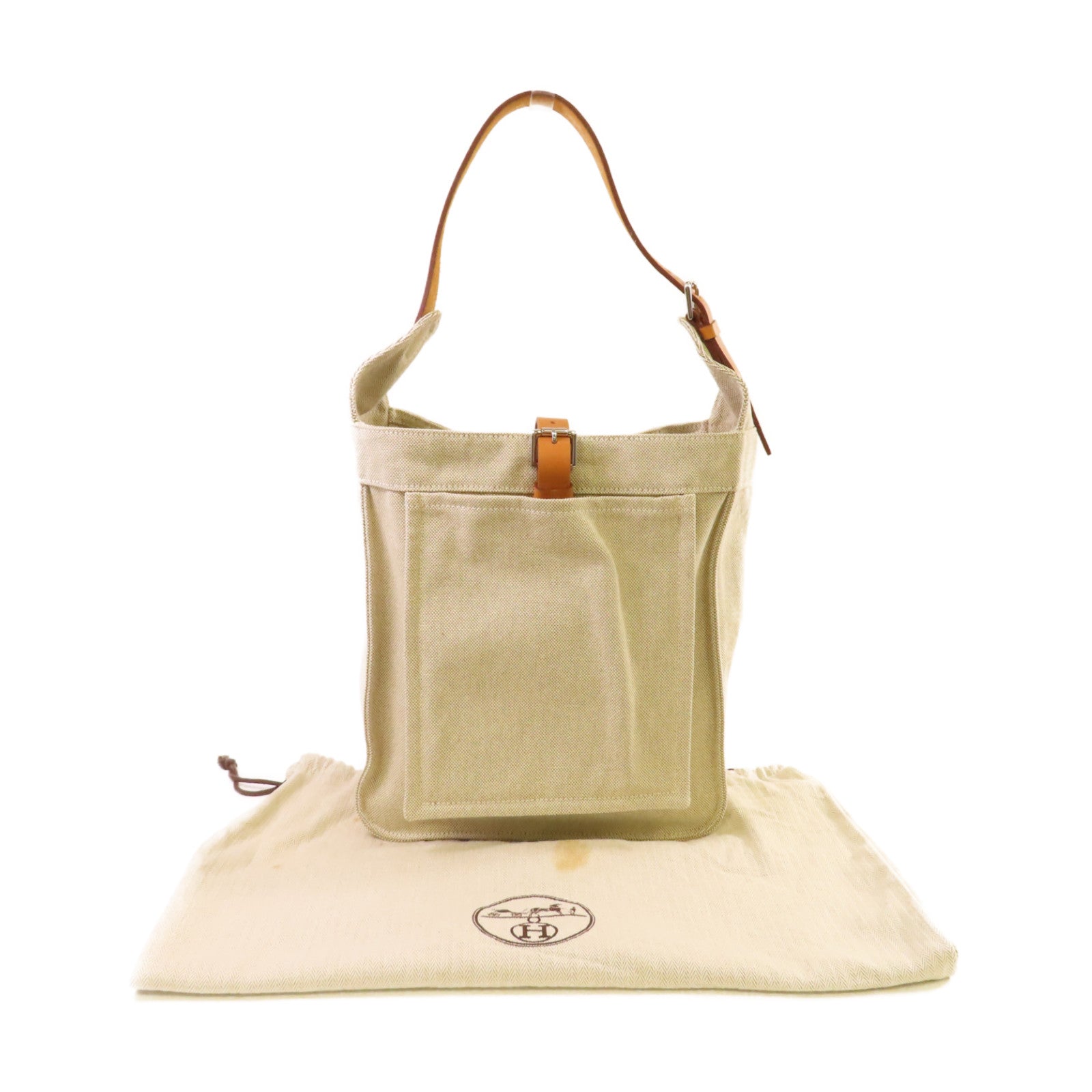 HERMES Toile H帆布/Barenia皮革Marwari PM Shoulder Bag銀扣肩背袋杏色
