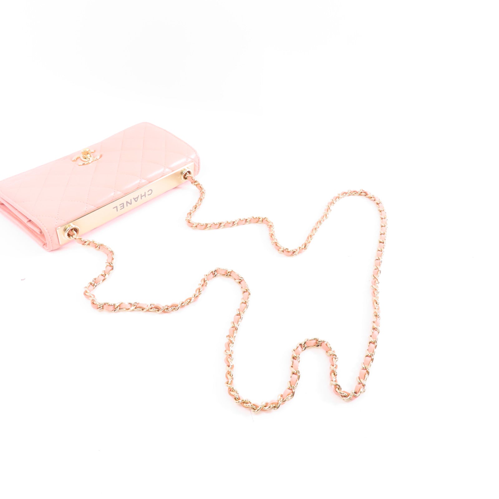 CHANEL 菱格羊皮皮革Chain Shoulder金扣鏈帶肩背袋粉紅色