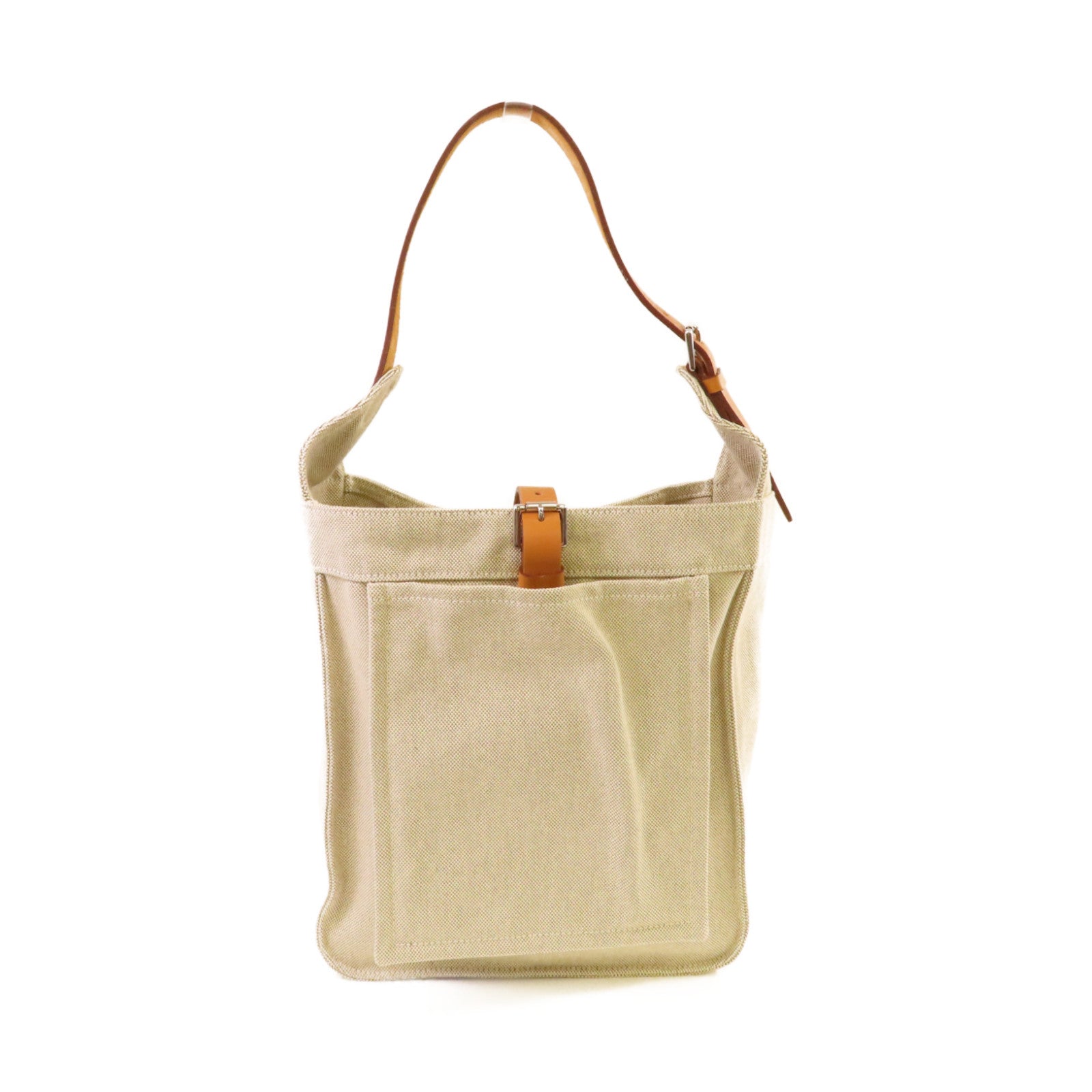 HERMES Toile H帆布/Barenia皮革Marwari PM Shoulder Bag銀扣肩背袋杏色