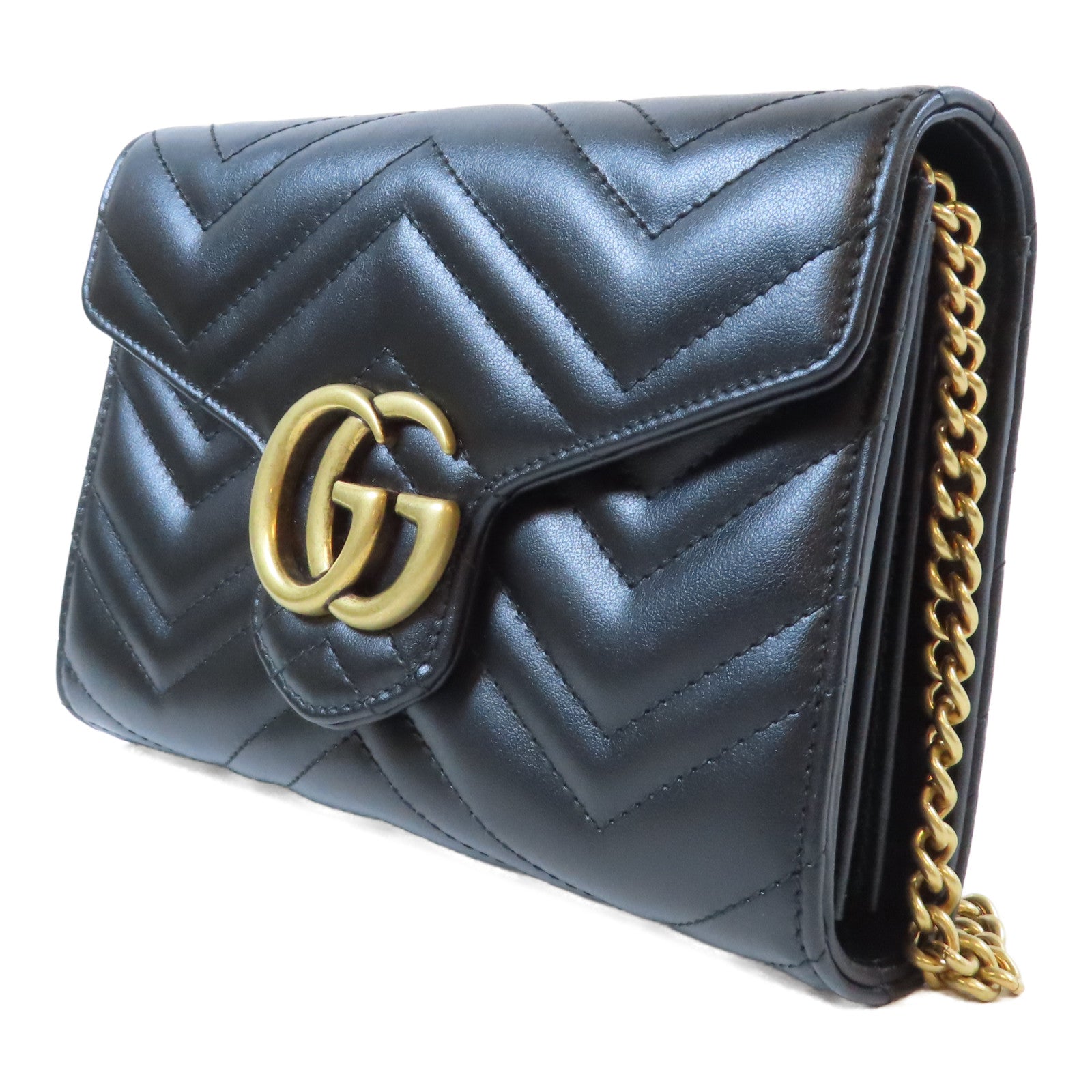 GUCCI 牛皮皮革GG Marmont Mini金扣鏈帶肩背袋黑色