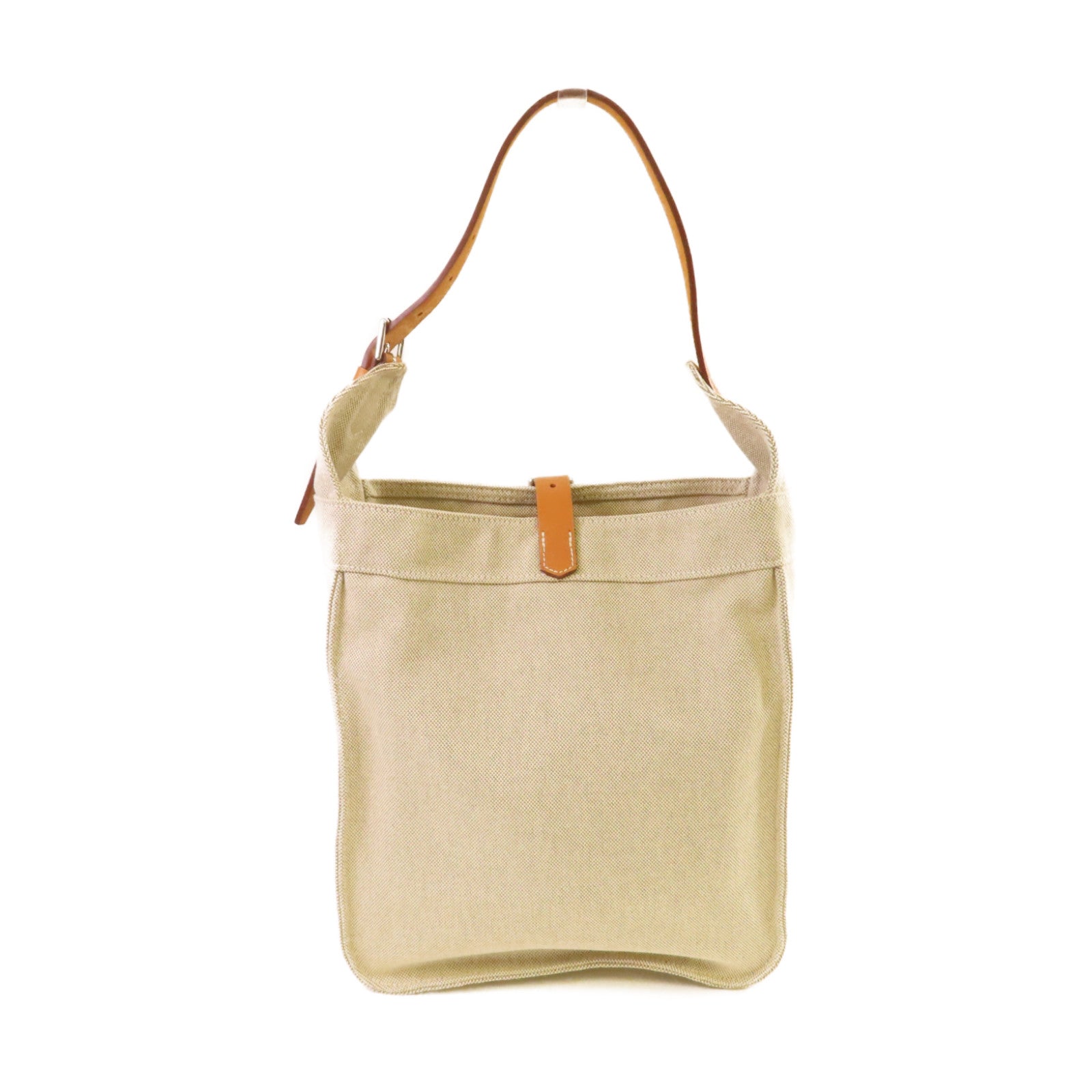 HERMES Toile H帆布/Barenia皮革Marwari PM Shoulder Bag銀扣肩背袋杏色