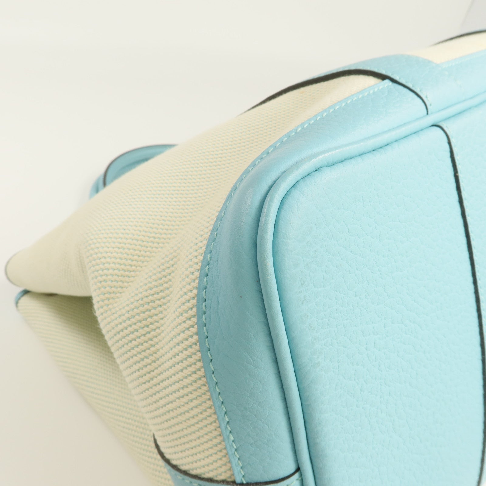 HERMES Negonda皮革/帆布Garden Party PM銀扣手挽袋Bleu Atoll