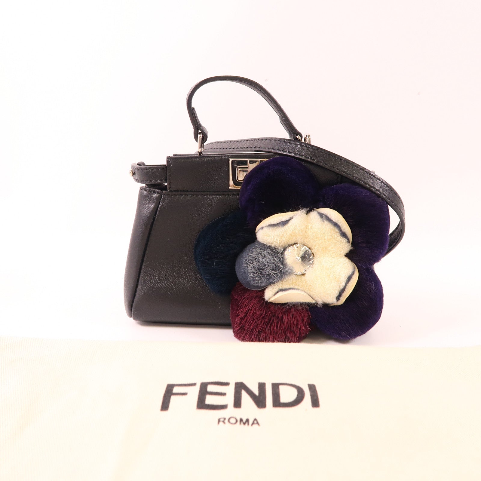 FENDI 皮革/毛茸Micro Peekaboo銀扣手挽肩背兩用袋