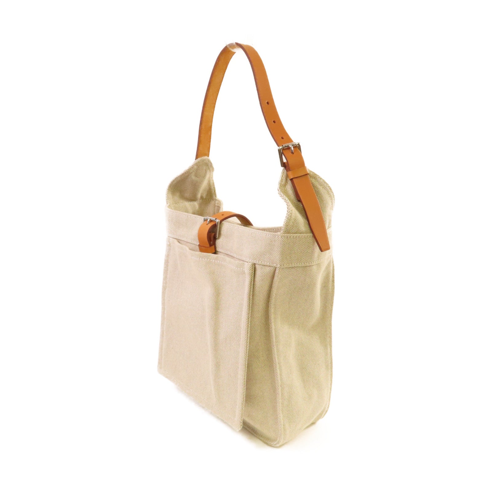HERMES Toile H帆布/Barenia皮革Marwari PM Shoulder Bag銀扣肩背袋杏色