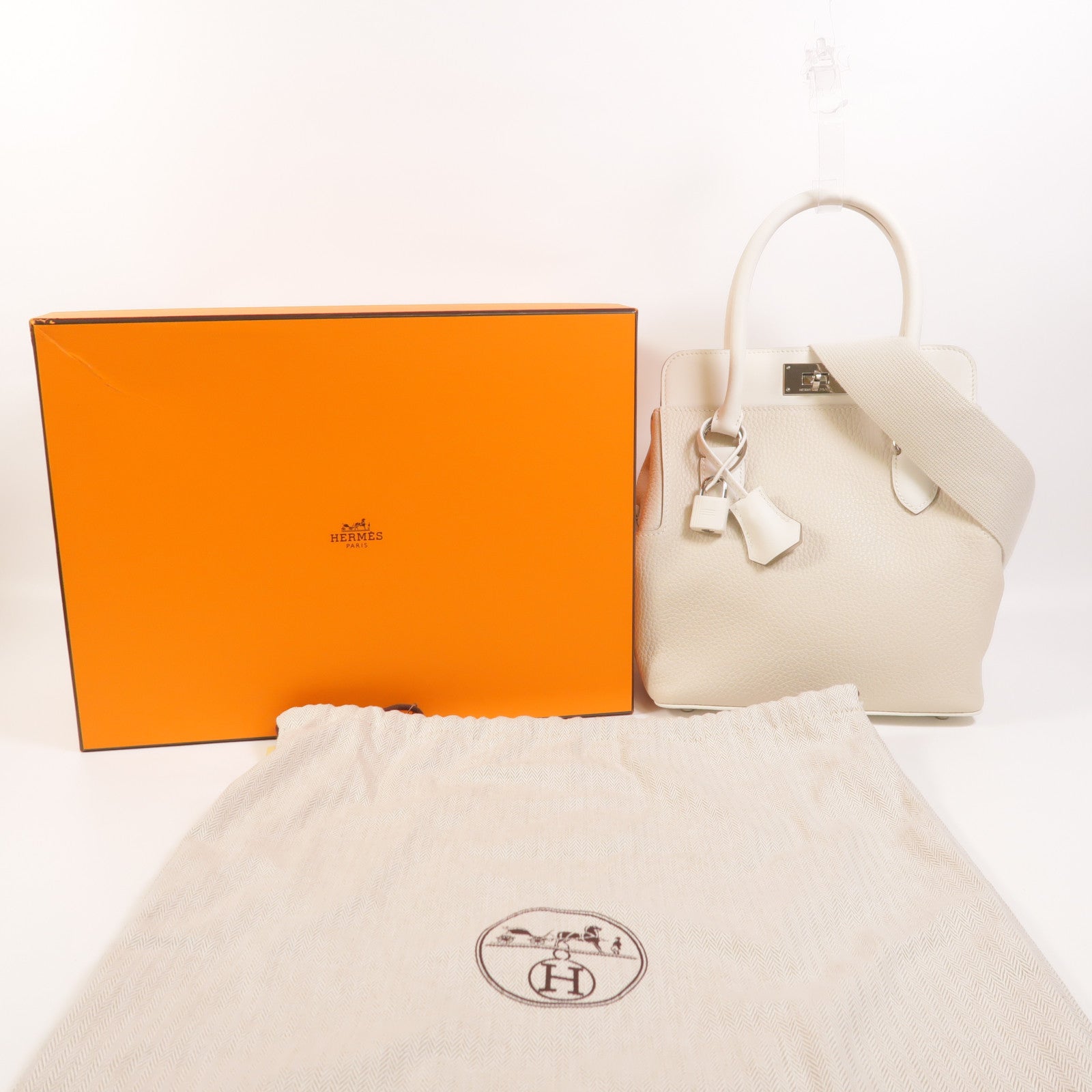HERMES Clemence皮革Tool Box 20銀扣手挽肩背兩用袋Craie