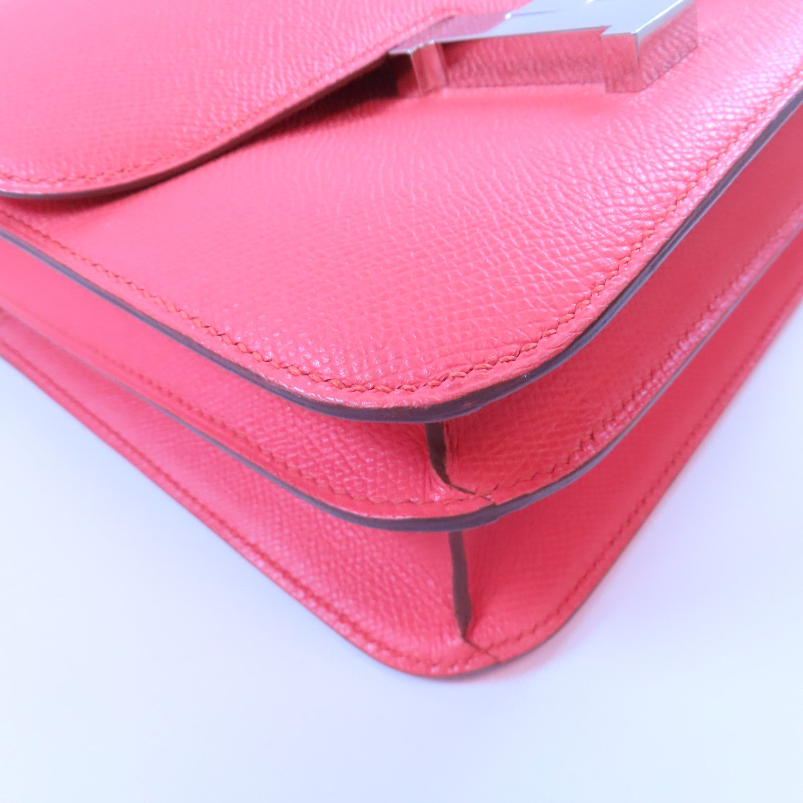 HERMES Epsom leather Constance 24 silver shoulder bag Flamingo/fire crane po...