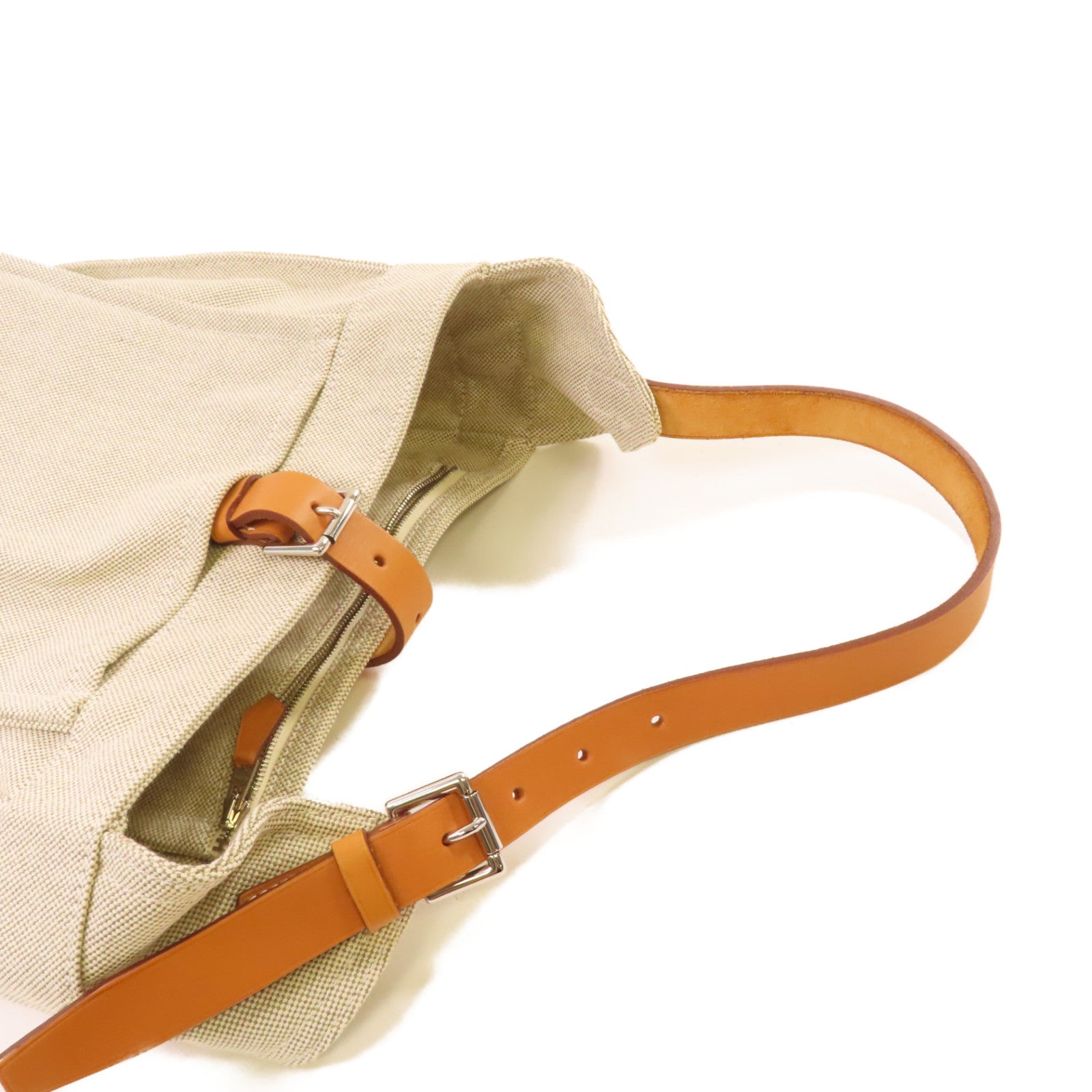 HERMES Toile H帆布/Barenia皮革Marwari PM Shoulder Bag銀扣肩背袋杏色