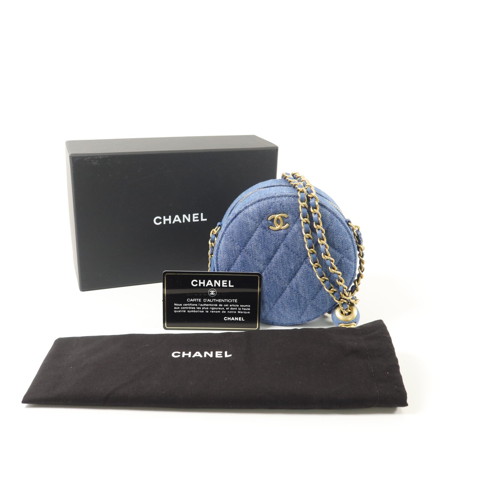 CHANEL 牛仔布Round Crush Gold Ball鏈帶肩背袋