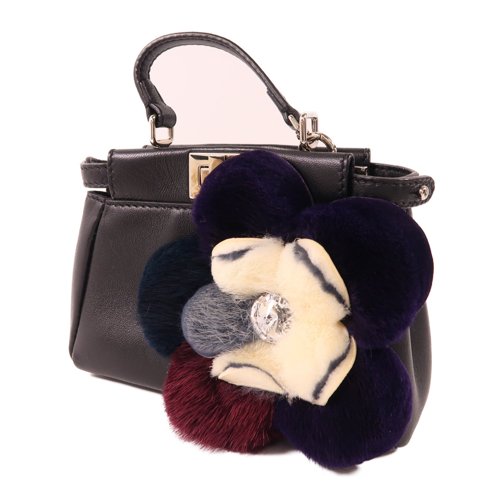 FENDI 皮革/毛茸Micro Peekaboo銀扣手挽肩背兩用袋