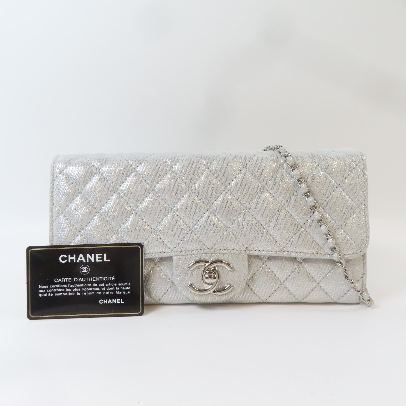 CHANEL 菱格皮革Chain Shoulder銀扣鏈帶肩背袋銀色