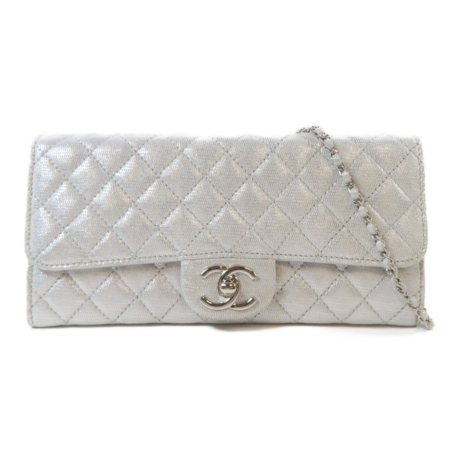 CHANEL 菱格皮革Chain Shoulder銀扣鏈帶肩背袋銀色