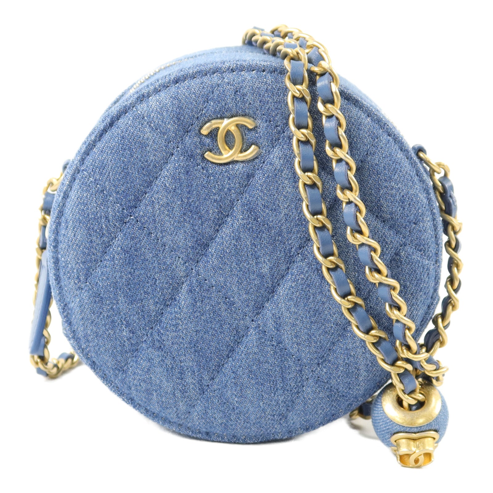 CHANEL 牛仔布Round Crush Gold Ball鏈帶肩背袋
