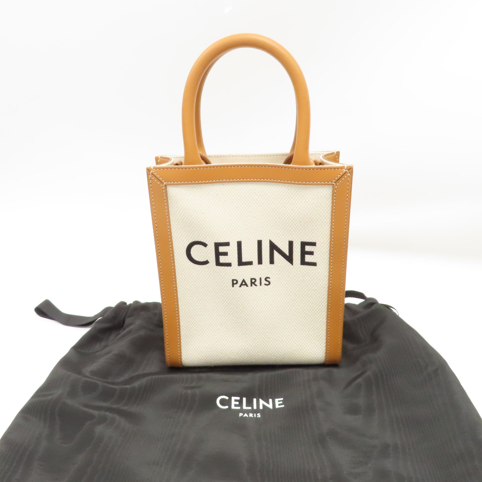 CELINE 帆布/皮革Cabas金扣手挽肩背兩用袋白色/啡色
