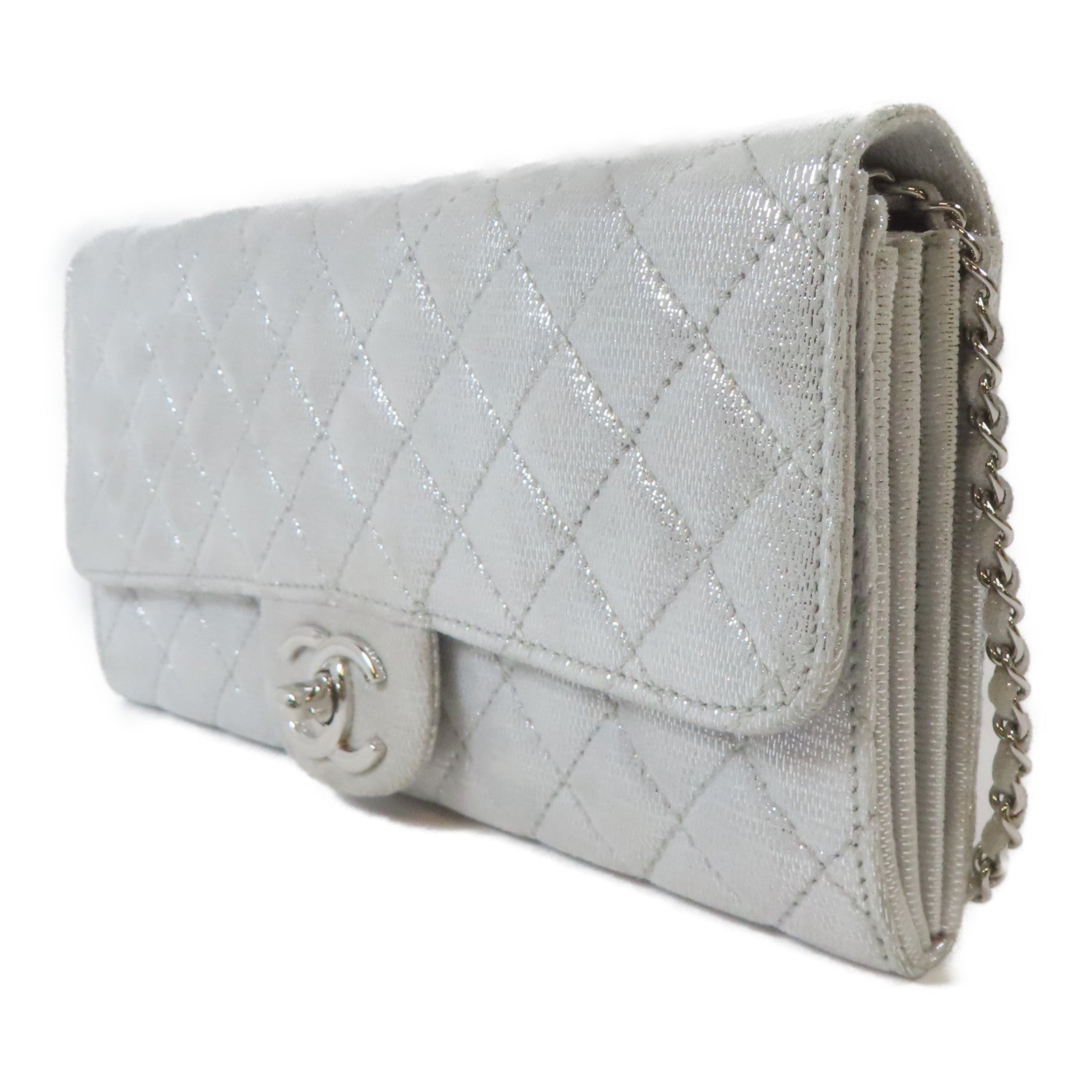 CHANEL 菱格皮革Chain Shoulder銀扣鏈帶肩背袋銀色