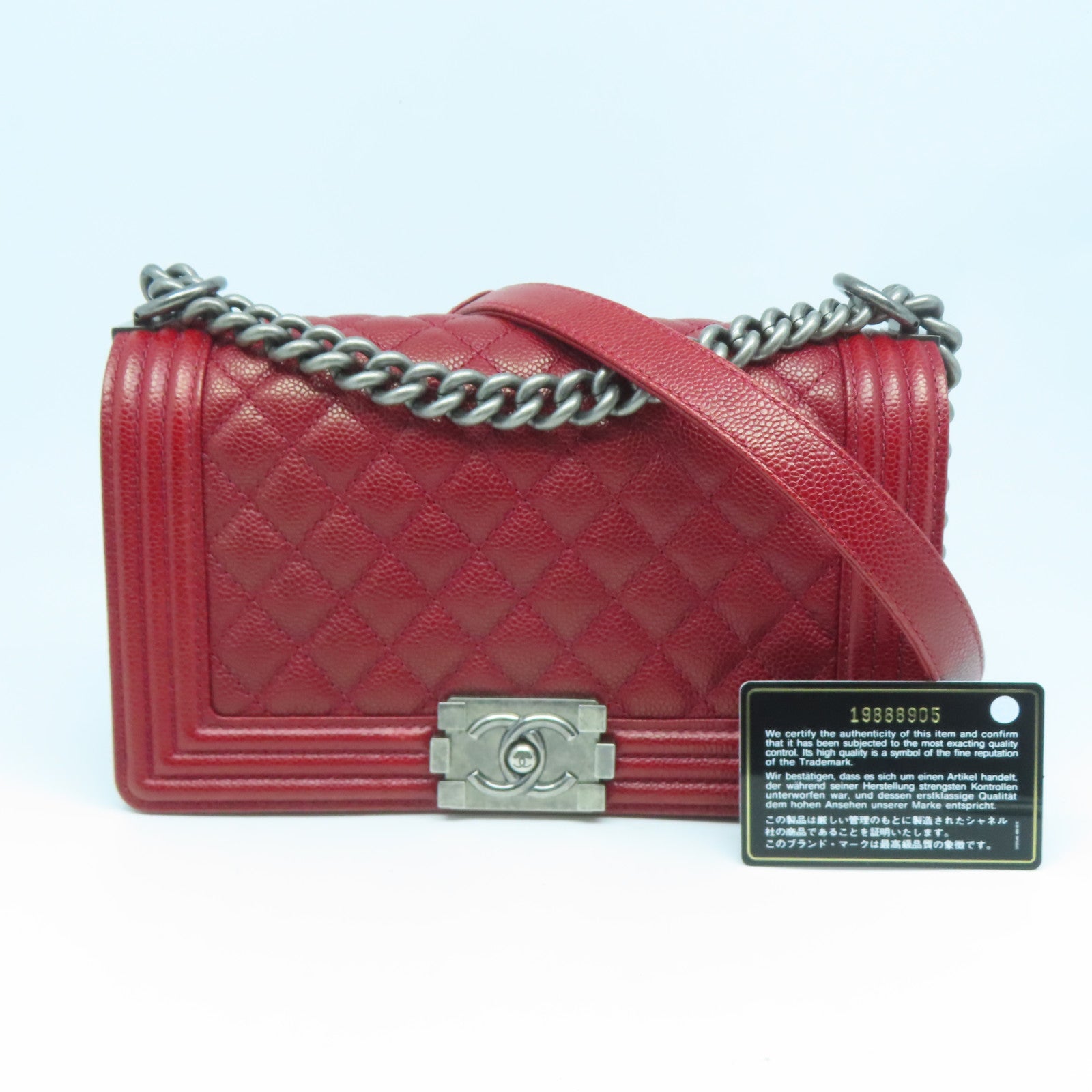 CHANEL 【激減優惠】菱格Caviar皮革Boy Chanel銀扣鏈帶肩背袋深紅色