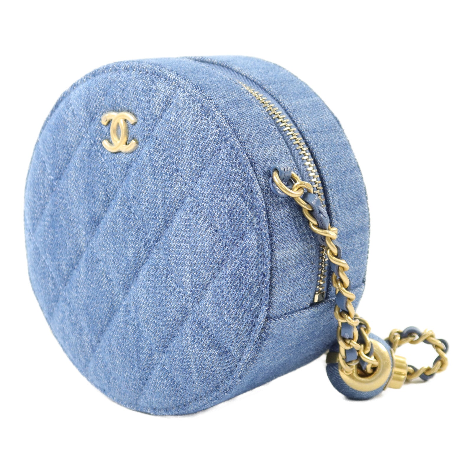 CHANEL 牛仔布Round Crush Gold Ball鏈帶肩背袋