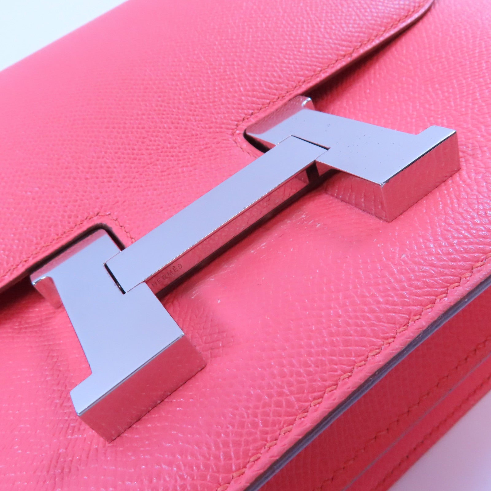 HERMES Epsom leather Constance 24 silver shoulder bag Flamingo/fire crane po...