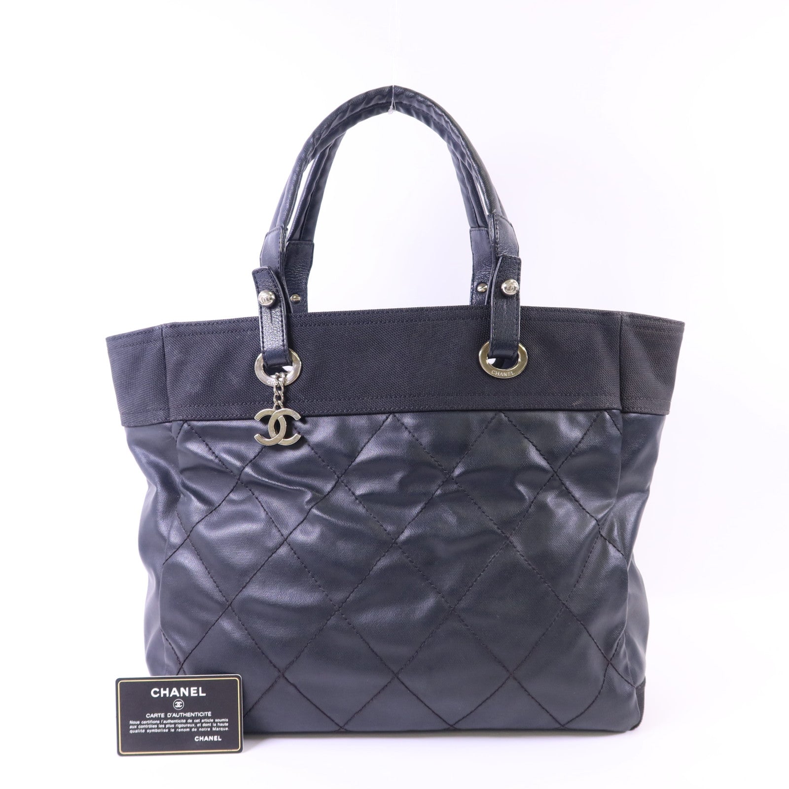 CHANEL 塗層帆布Paris Biarritz銀扣手挽袋