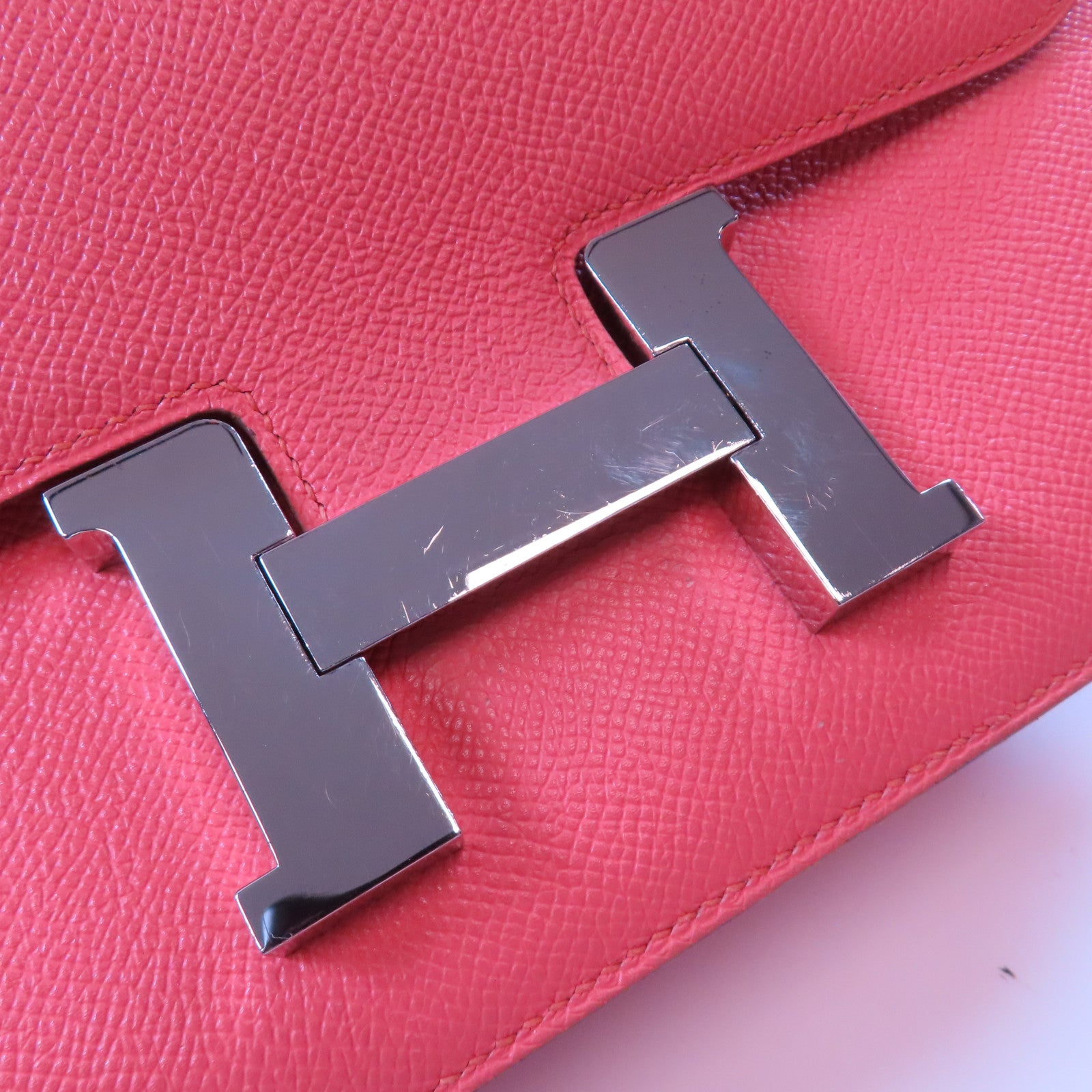 HERMES Epsom leather Constance 24 silver shoulder bag Flamingo/fire crane po...