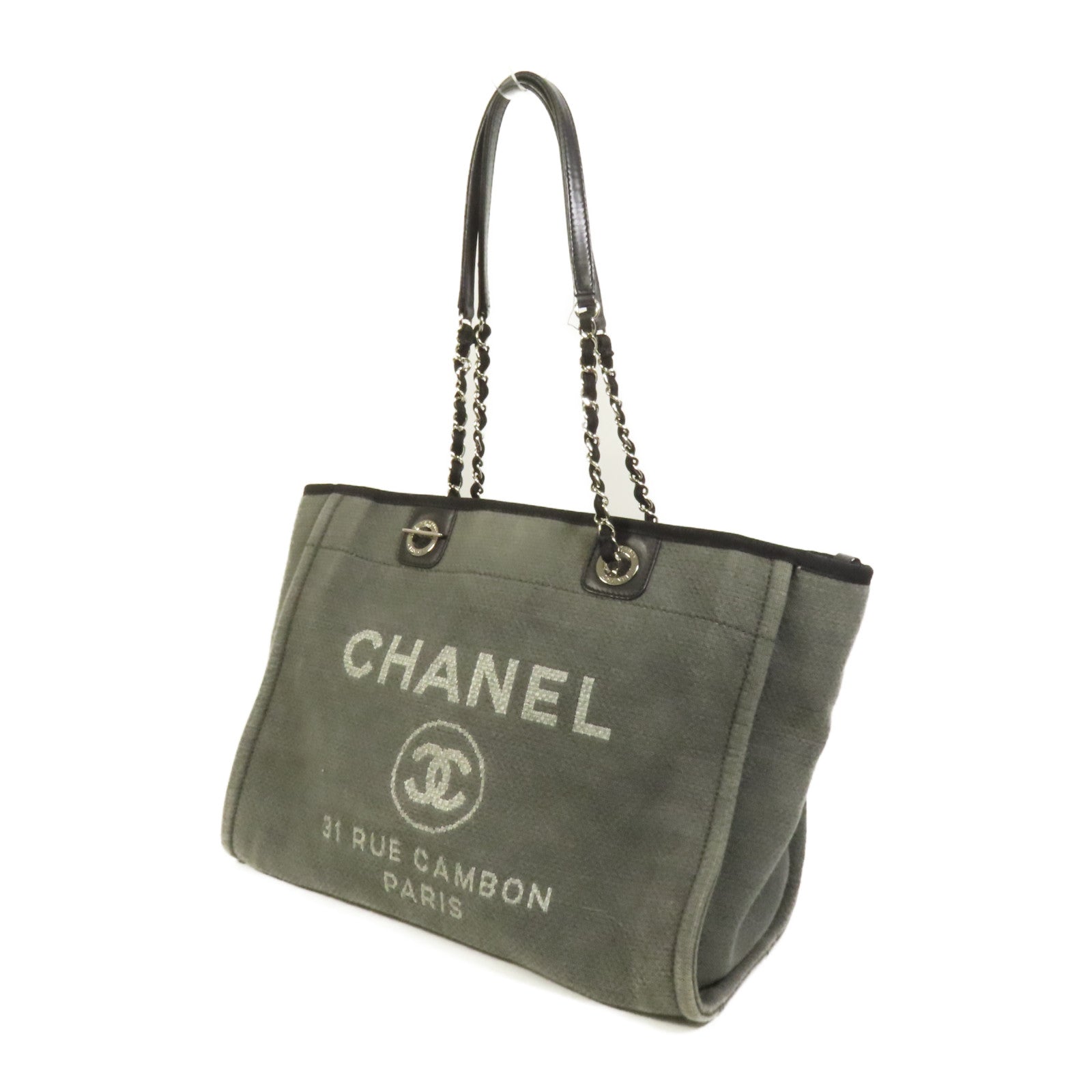 CHANEL 帆布Deauville銀扣鏈帶肩背袋