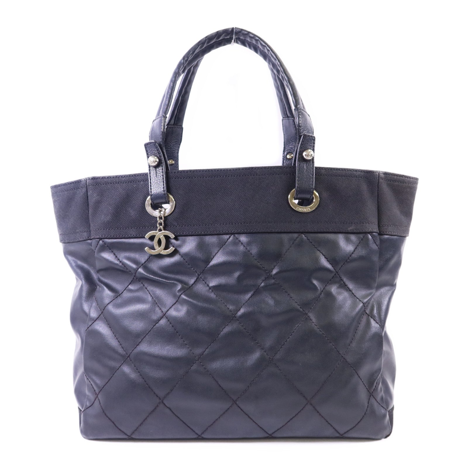 CHANEL 塗層帆布Paris Biarritz銀扣手挽袋
