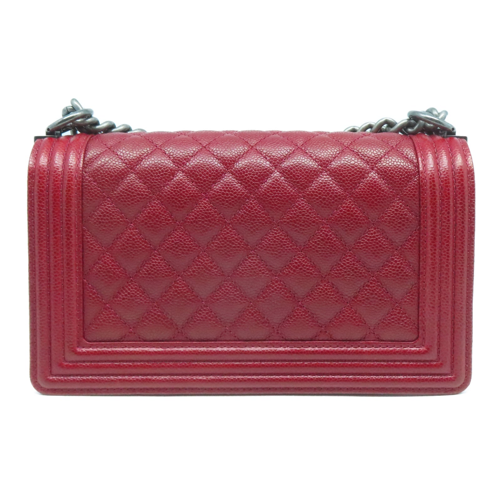 CHANEL 【激減優惠】菱格Caviar皮革Boy Chanel銀扣鏈帶肩背袋深紅色