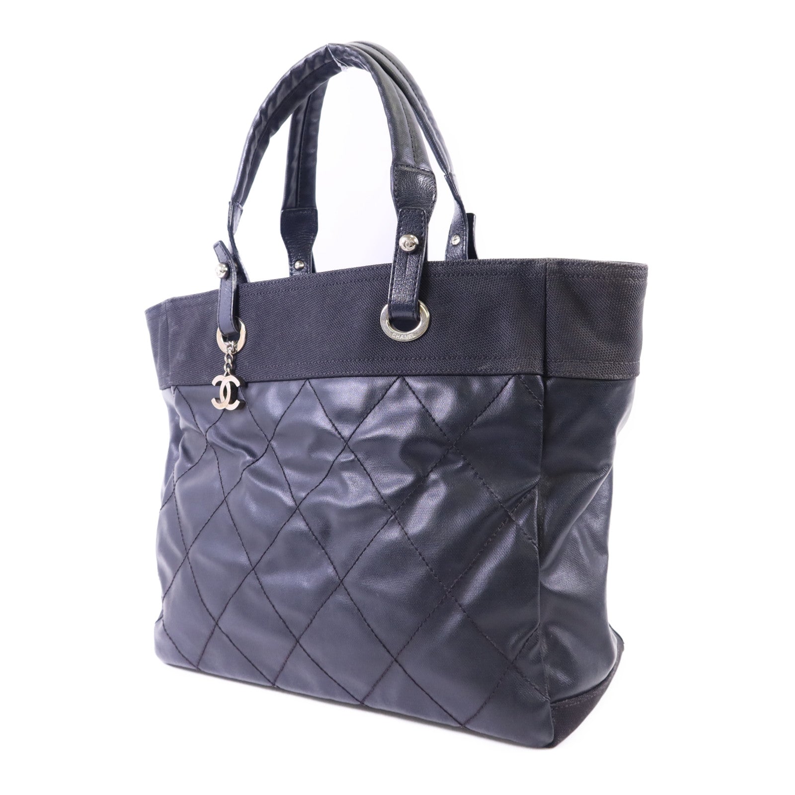 CHANEL 塗層帆布Paris Biarritz銀扣手挽袋