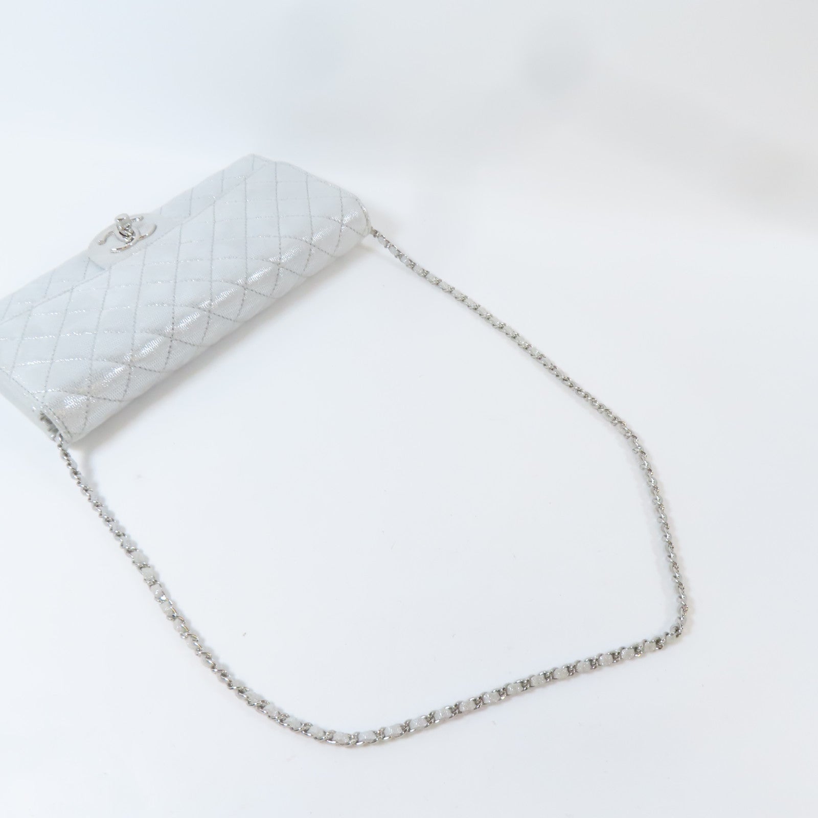 CHANEL 菱格皮革Chain Shoulder銀扣鏈帶肩背袋銀色