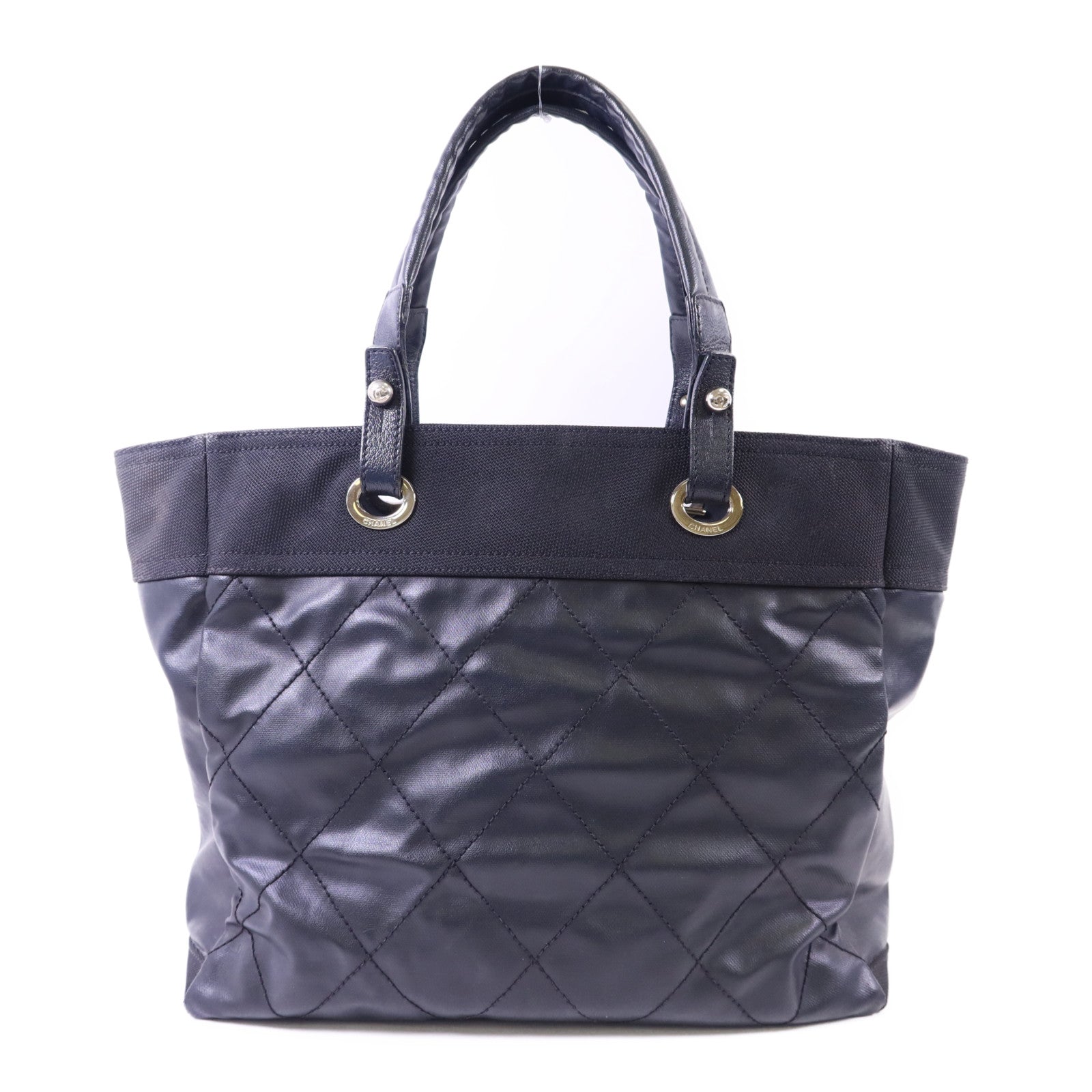 CHANEL 塗層帆布Paris Biarritz銀扣手挽袋