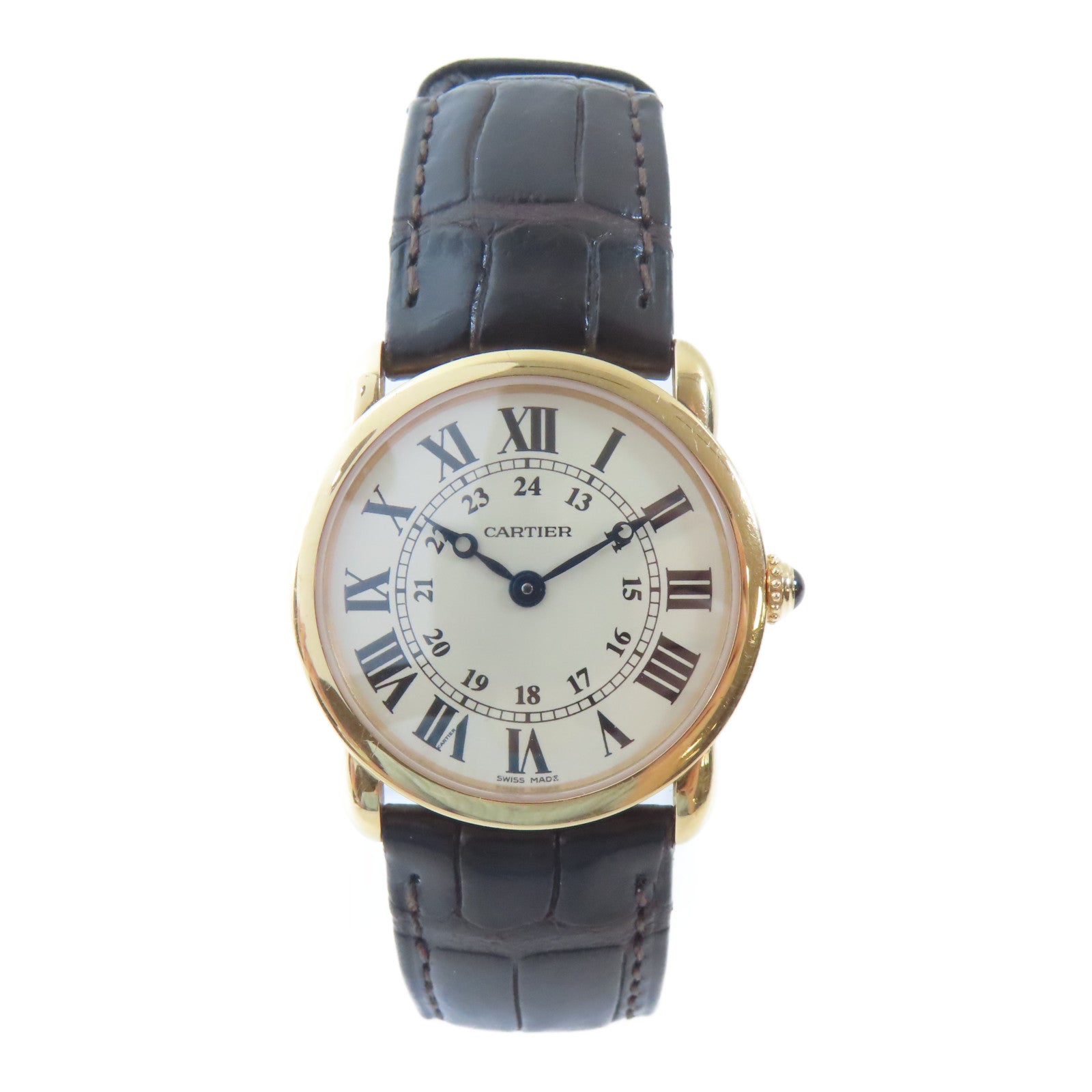 CARTIER Ronde Solo 18K玫瑰金/皮革手錶石英機芯白色#18cm