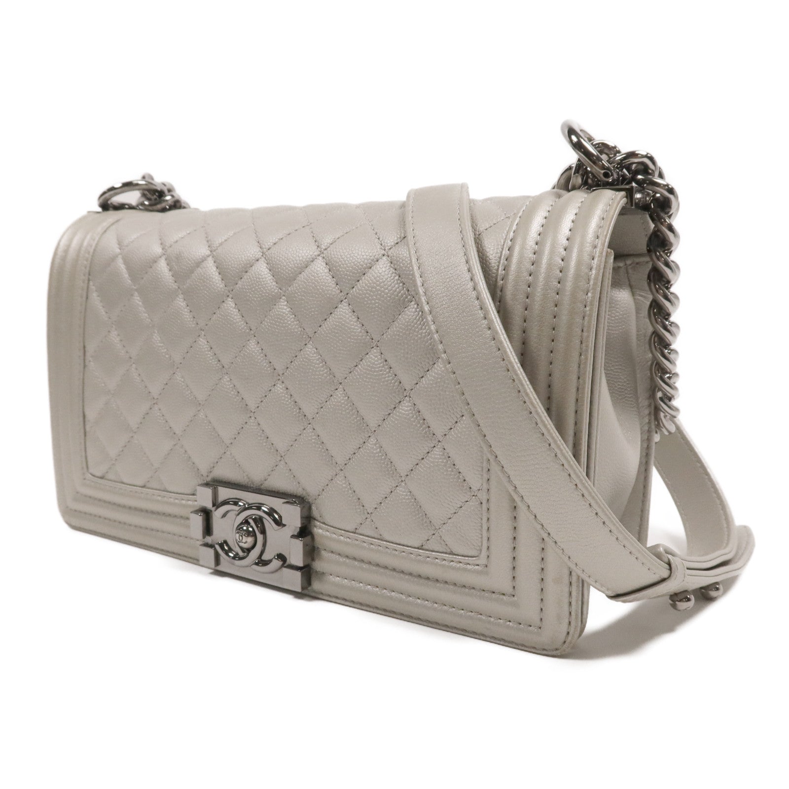 CHANEL 牛皮皮革Boy 25銀扣鏈帶肩背袋