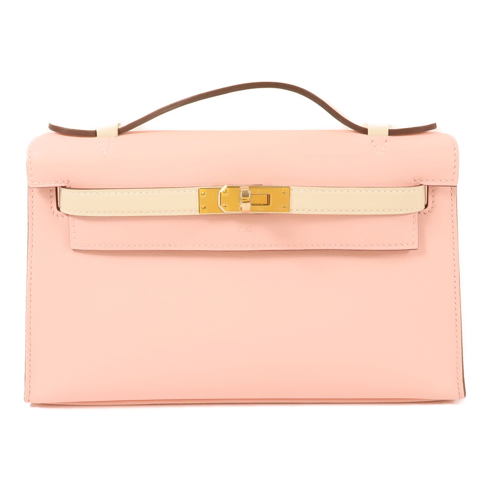 HERMES Swift皮革Mini Kelly Pochette金扣手挽袋Rose Sakura/Nata