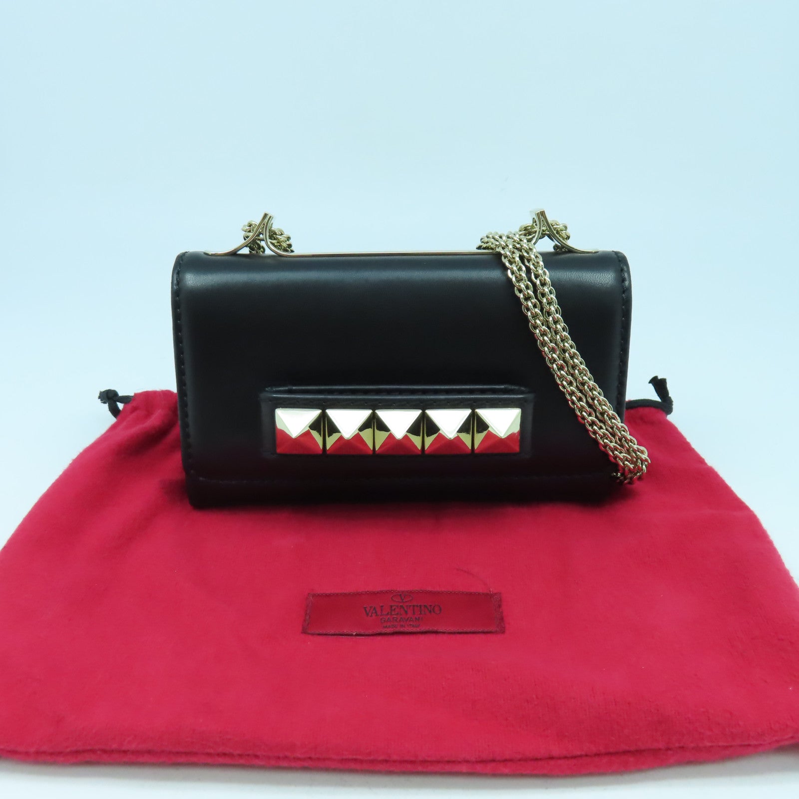 Valentino 【清倉大減價】皮革Chain Shoulder金扣鏈帶肩背袋黑色