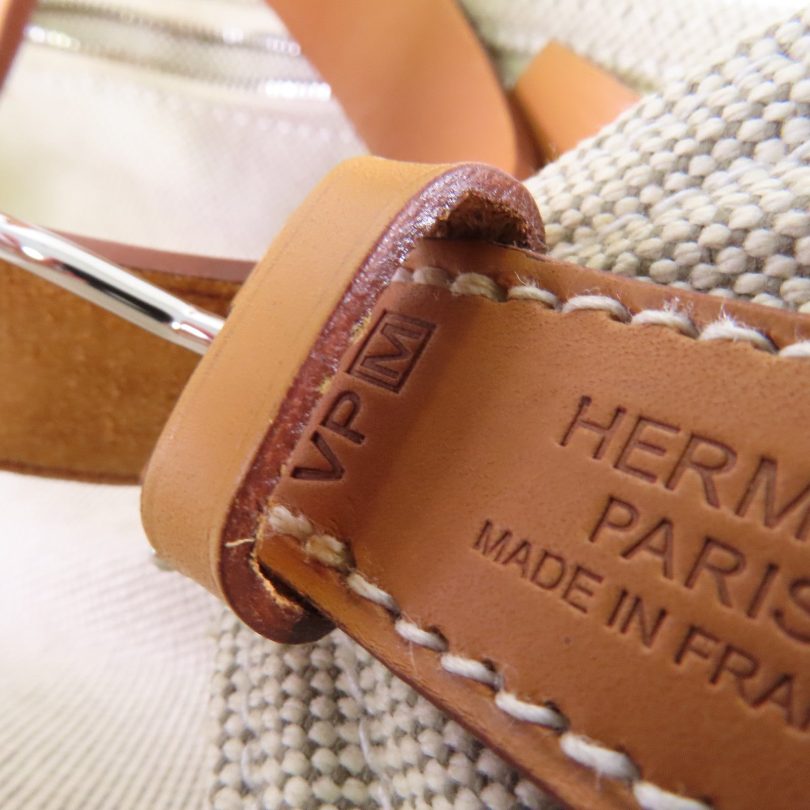 HERMES Toile H帆布/Barenia皮革Marwari PM Shoulder Bag銀扣肩背袋杏色