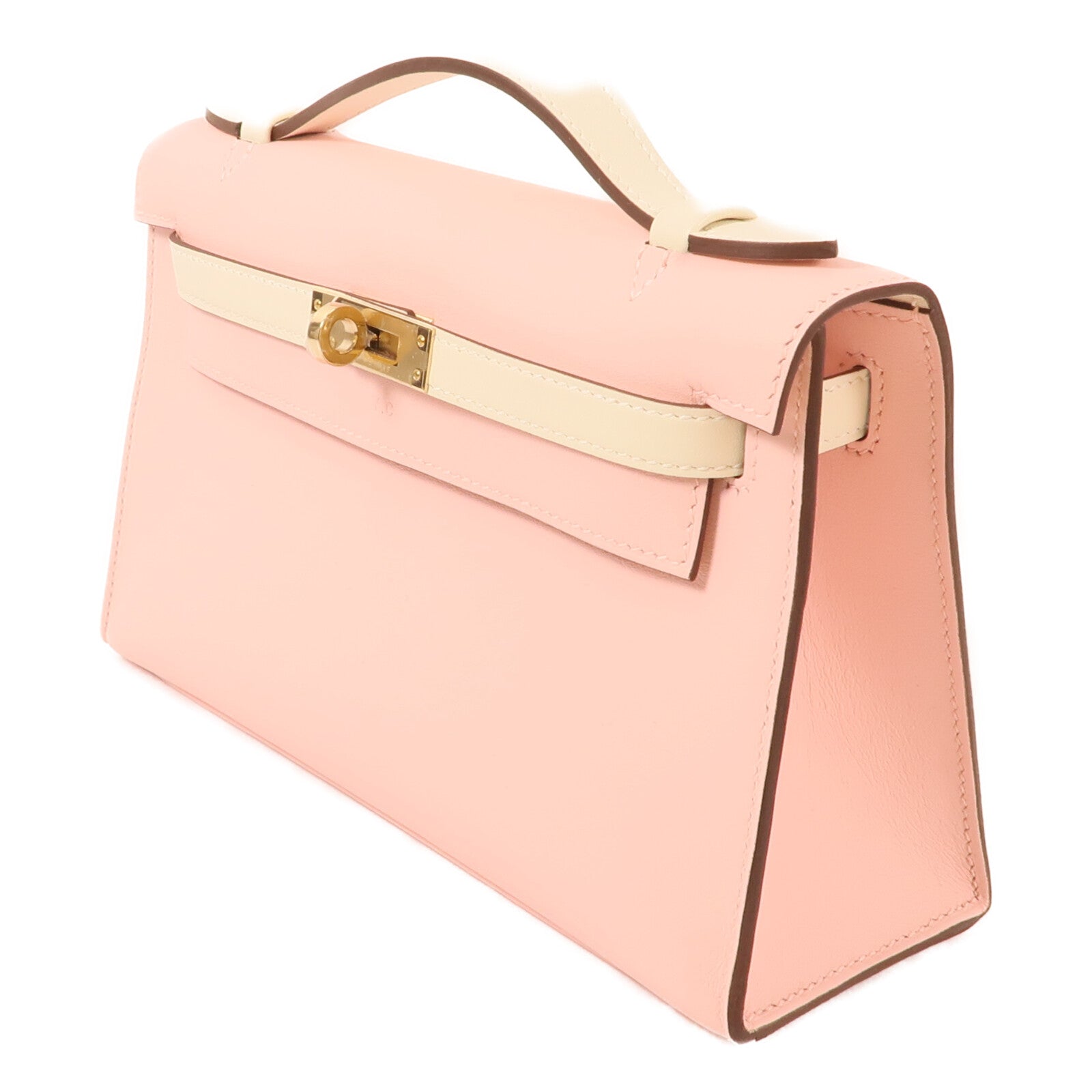 HERMES Swift皮革Mini Kelly Pochette金扣手挽袋Rose Sakura/Nata