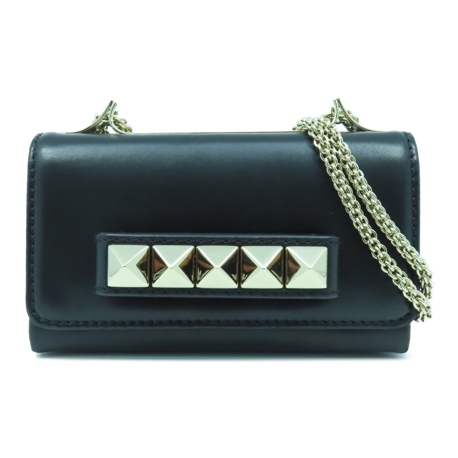 Valentino 【清倉大減價】皮革Chain Shoulder金扣鏈帶肩背袋黑色