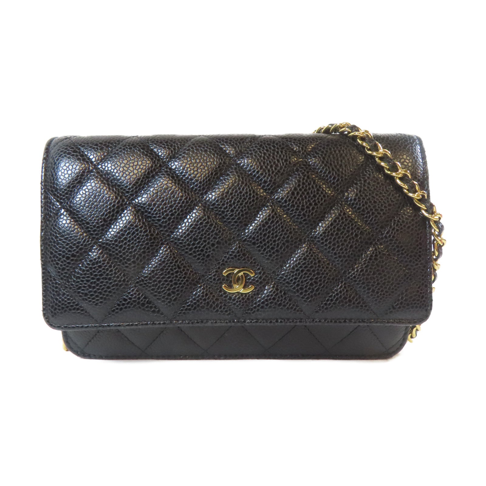 CHANEL 菱格Caviar皮革Chain Shoulder金扣鏈帶肩背袋黑色