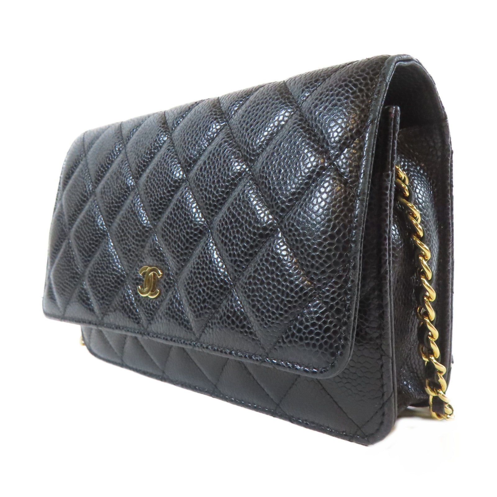 CHANEL 菱格Caviar皮革Chain Shoulder金扣鏈帶肩背袋黑色
