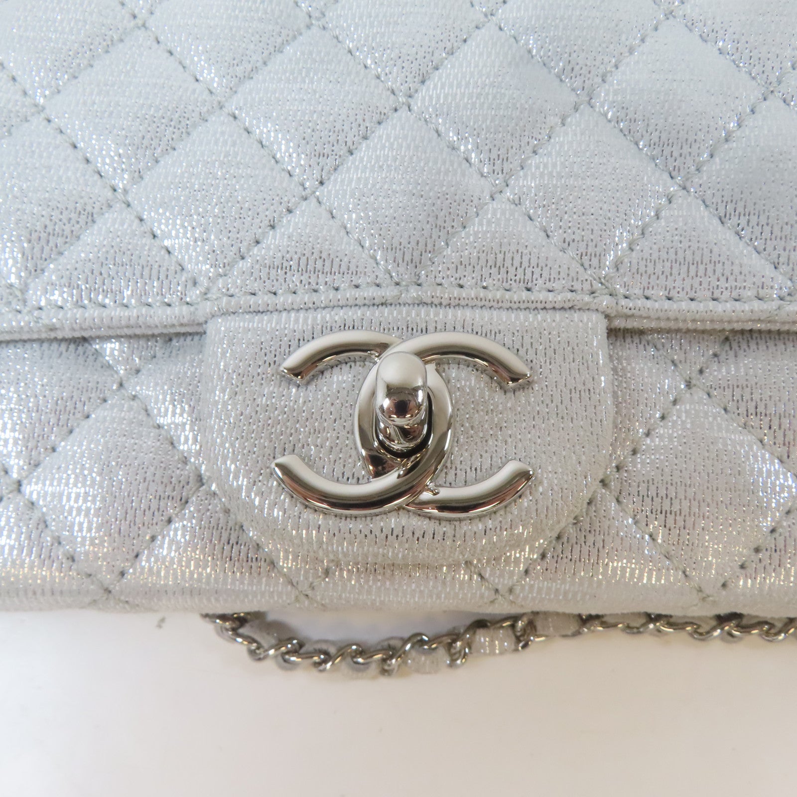 CHANEL 菱格皮革Chain Shoulder銀扣鏈帶肩背袋銀色