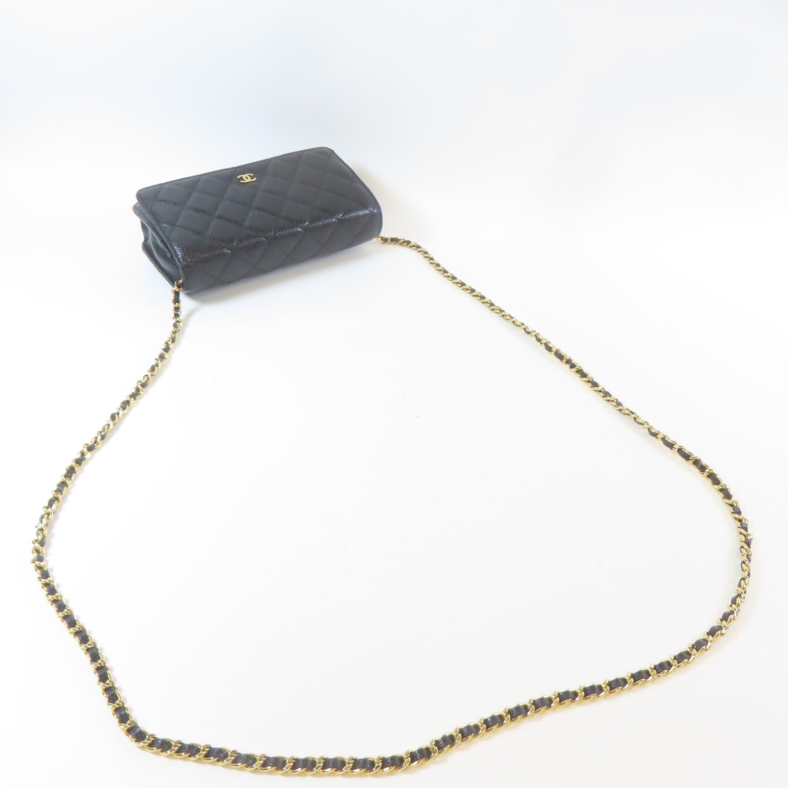 CHANEL 菱格Caviar皮革Chain Shoulder金扣鏈帶肩背袋黑色