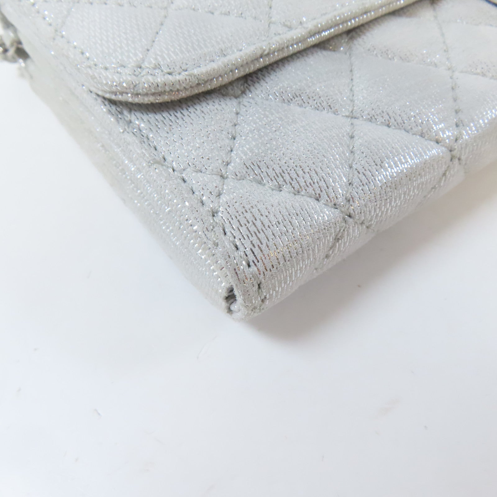 CHANEL 菱格皮革Chain Shoulder銀扣鏈帶肩背袋銀色